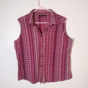 ALC Stretch Pink Plaid Stripe Crinkle Seerscker Button Up Sleeveless Blouse